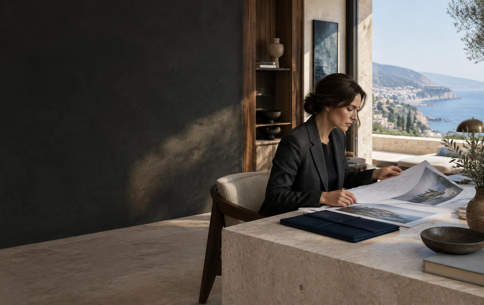 Professionnelle consultant des plans immobiliers dans un environnement méditerranéen